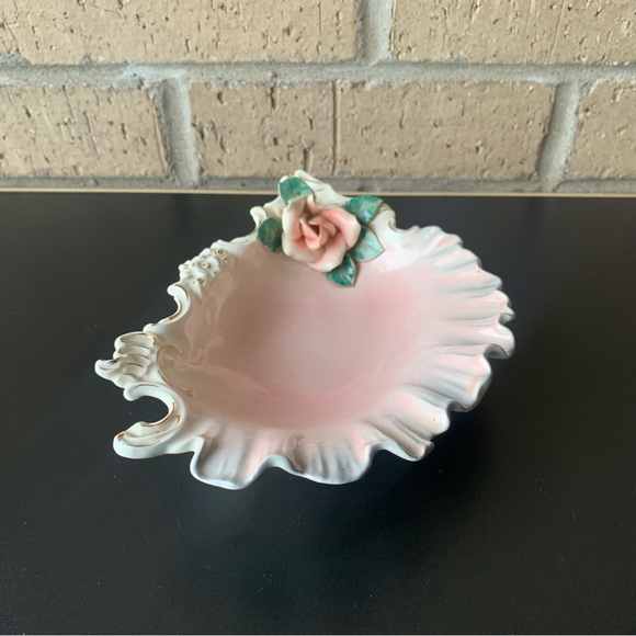 Pasaden Calif Forence Ceramics Pink Trinket Soap Dish Applied Flowers - Picture 3 of 11